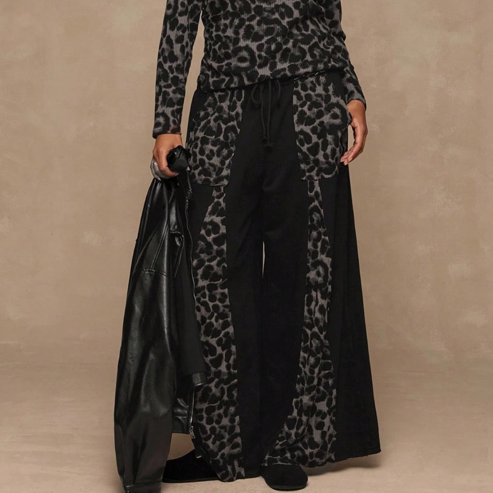 Plus Leopard Print High Waisted Pockets Wide leg Lounge Pants - Picture 5 of 5